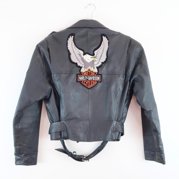 Harley-Davidson Jackets & Blazers - y2k harley davidson black leather jacket eagle graphic cropped moto 2000s